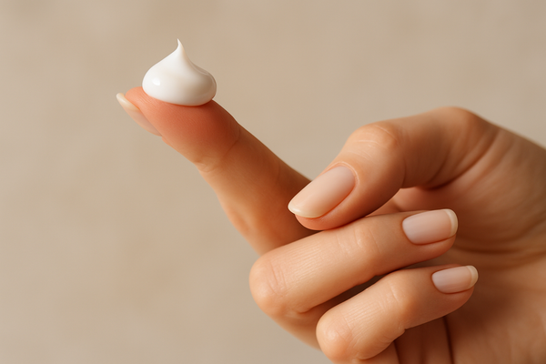 create a realistic picture of a womens hand and on the finger tip, theres beauty cream on it